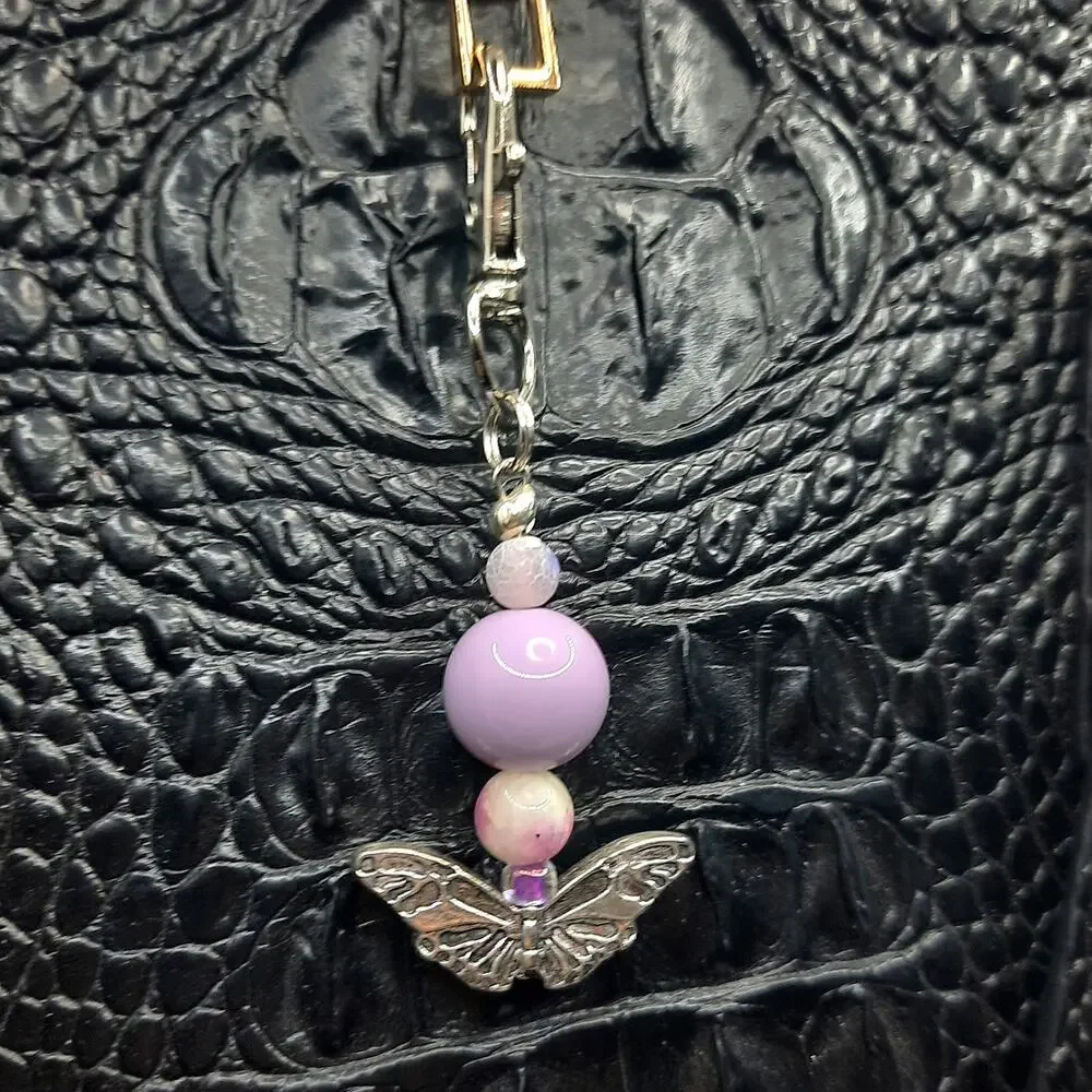 Handmade Beaded Butterfly Bag Charm Tibetan Silver Light Purple Keychain NEW